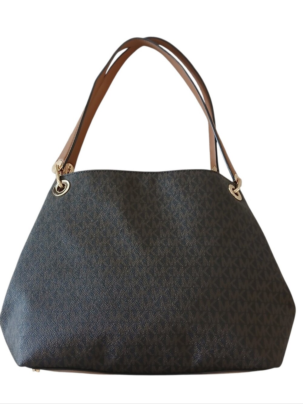 NWOT MICHAEL KORS Raven Large Signature Tote Grommets Studs Brown Tan Luxury - Picture 2 of 13